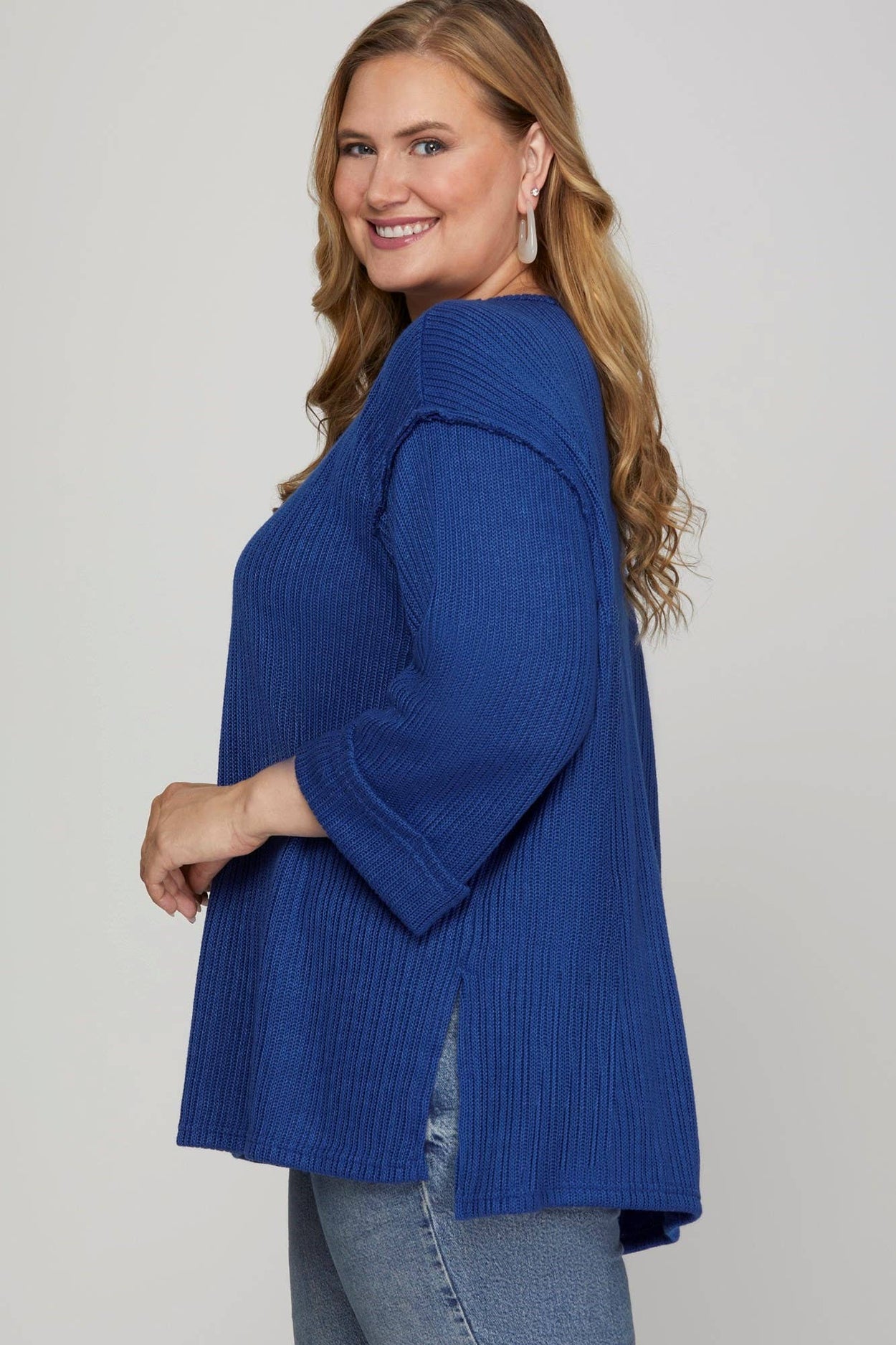 Plus Blue 3/4 Folded Sleeve Knit Top