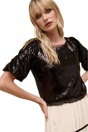 Black Solid Sequins Boat Neck Puff Sleeve Woven Top