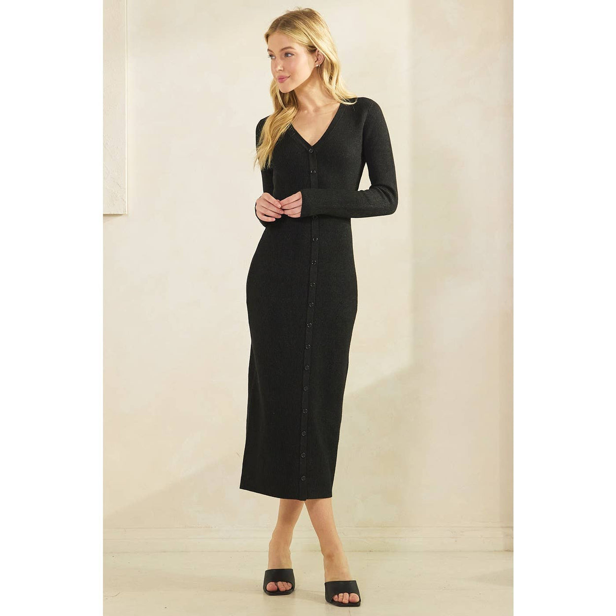 Black Button Down Sweater Midi Dress