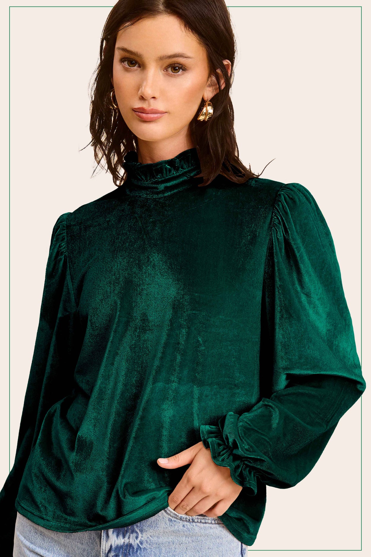 Emerald Soft Velvet Long Puff Sleeve Blouse Holiday Top