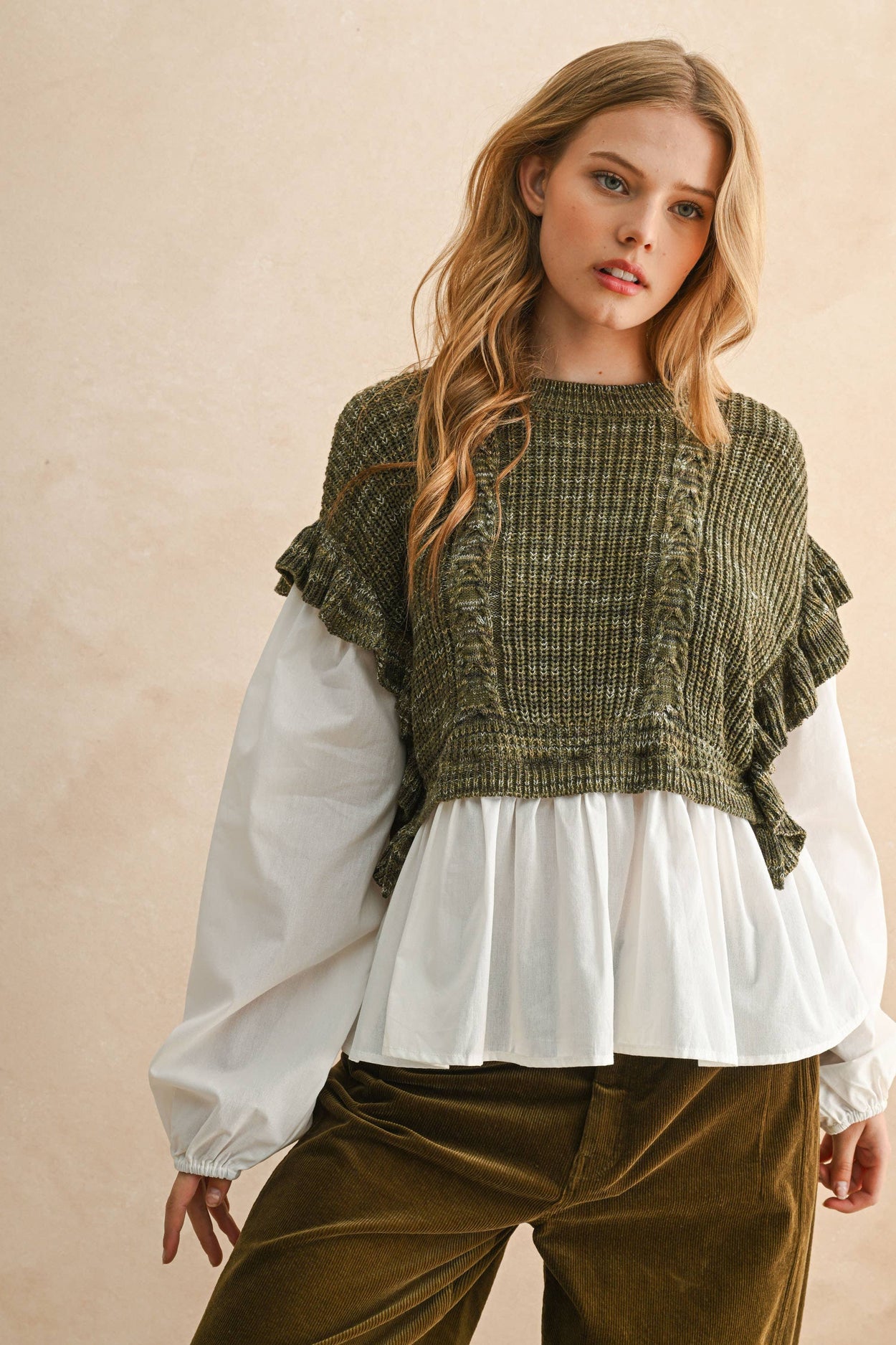 Olive Sweater Combo Long Sleeve Blouse