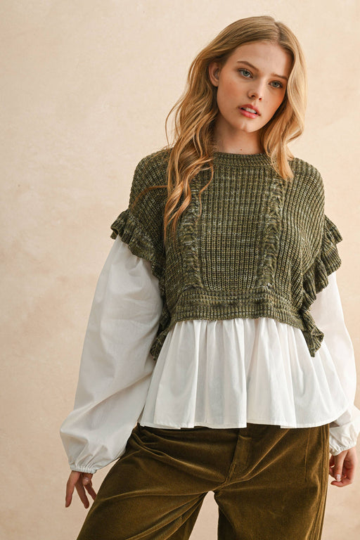 Olive Sweater Combo Long Sleeve Blouse