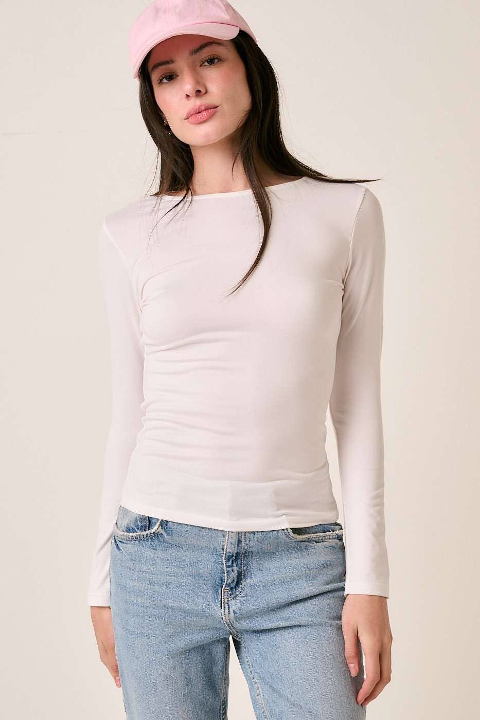 Off White Round Neck Long Sleeve Knit Top