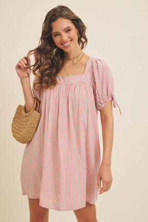 Red Stripe Puff Sleeve Mini Dress