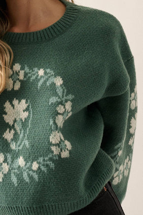 Green Floral Round Neck Sweater