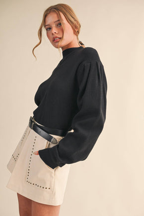 Black Mock Neck Puff Sleeve Sweater