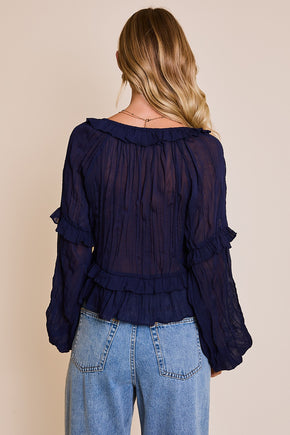 Navy Scoop Neck Ruffled Blouse