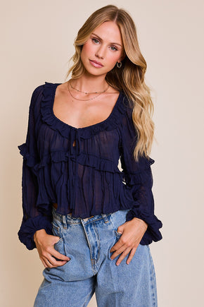 Navy Scoop Neck Ruffled Blouse