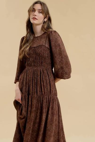 Brown Floral Shirred Midi Dress