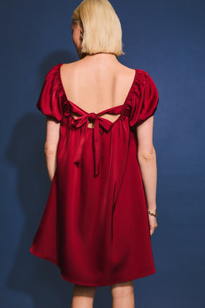 Red Puff Sleeve Satin Dress