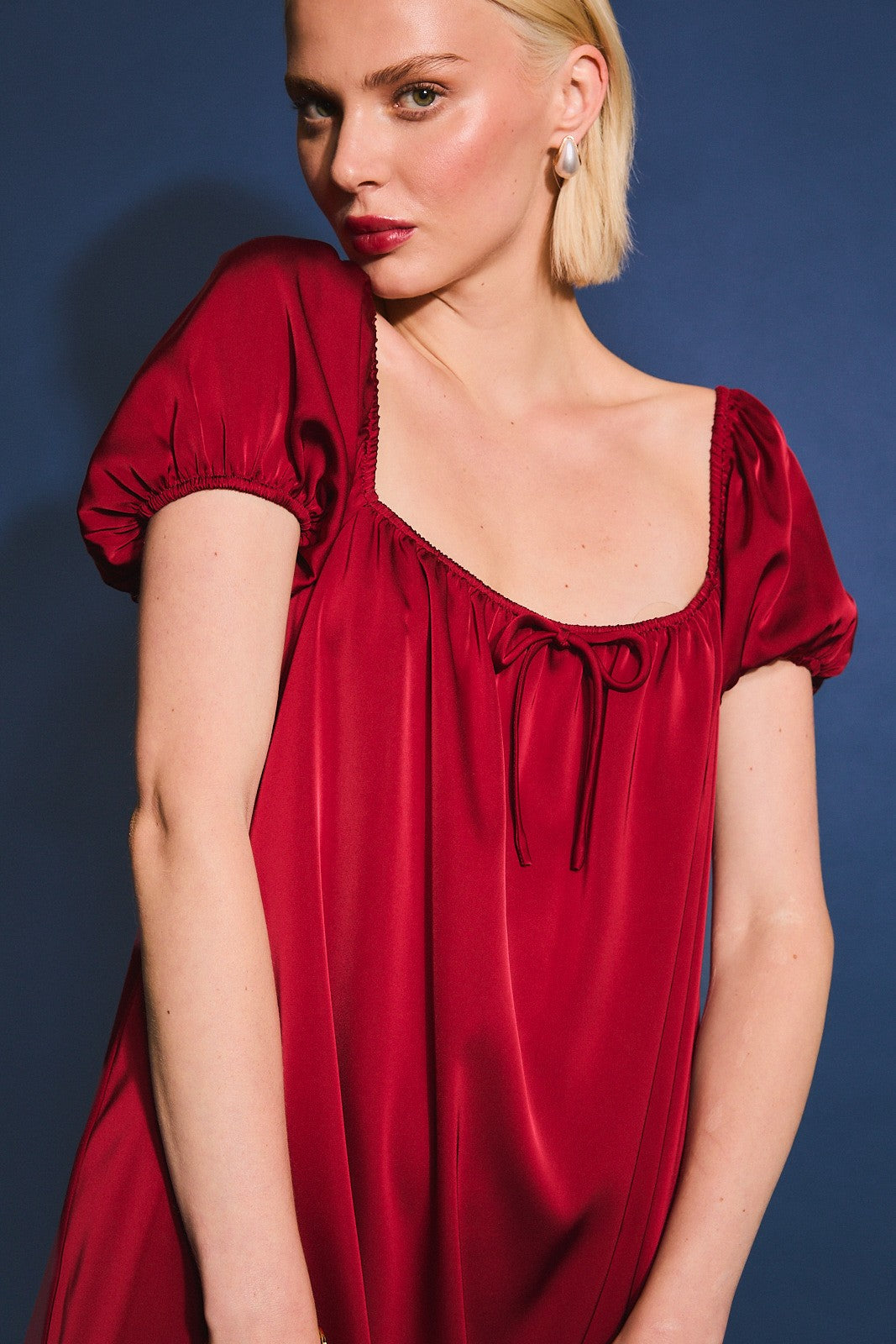 Red Puff Sleeve Satin Dress