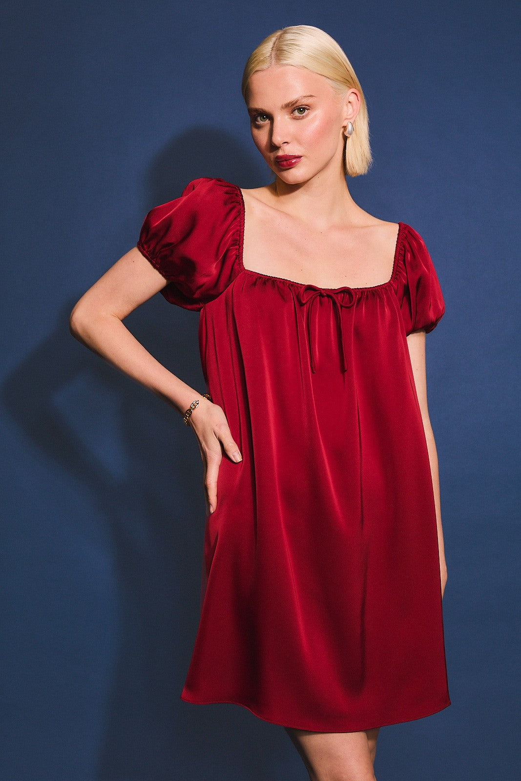 Red Puff Sleeve Satin Dress