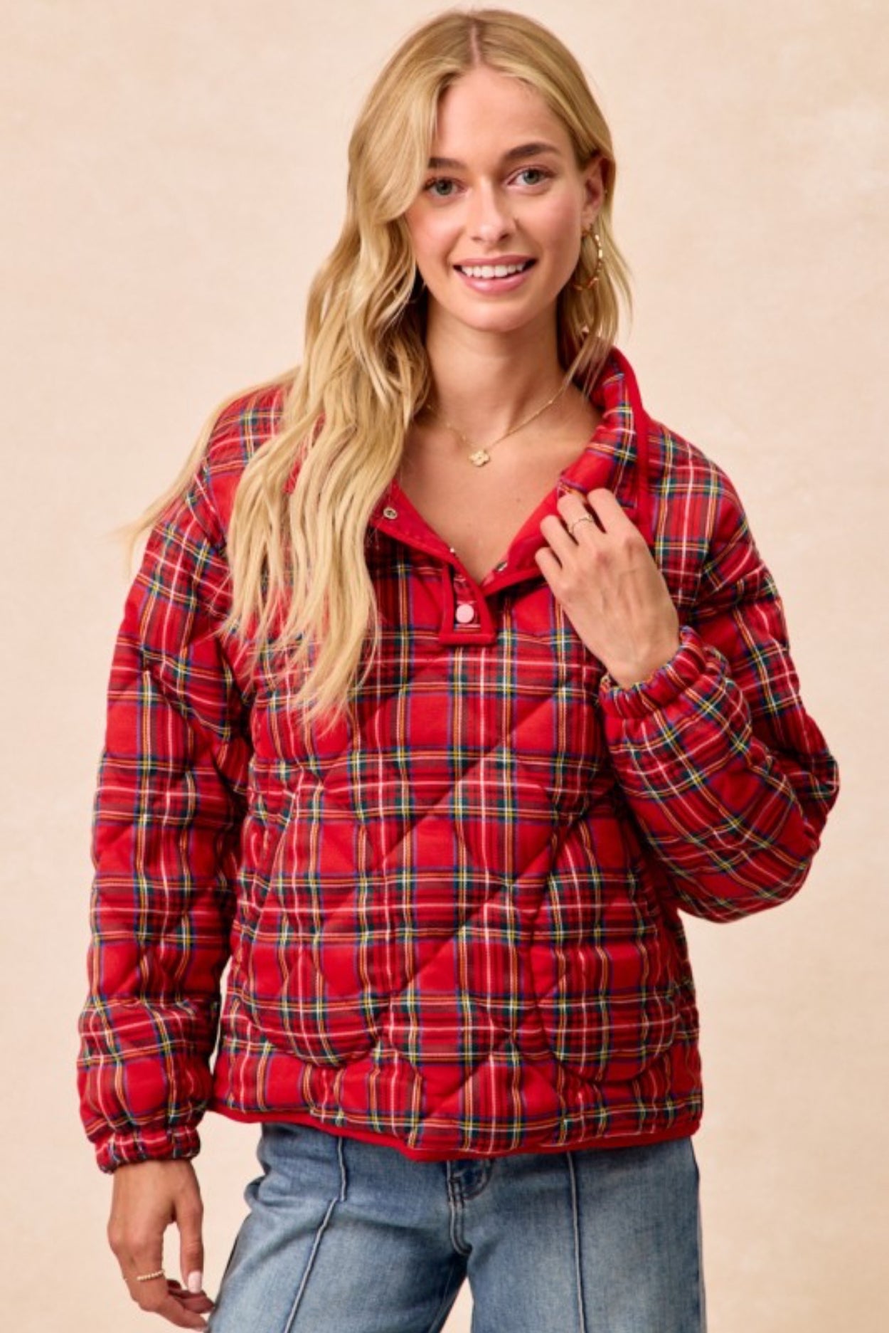 Christmas Theme Quilting Plaid Buttoned Top