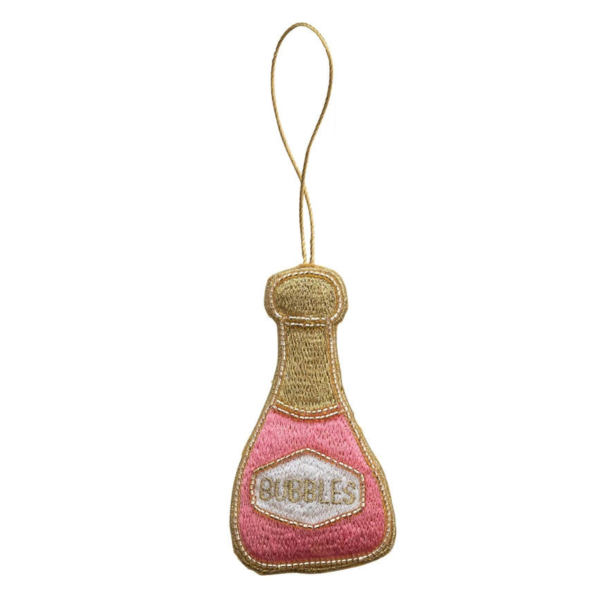 Fabric Champagne Bottle Ornament With Embroidery & Beads