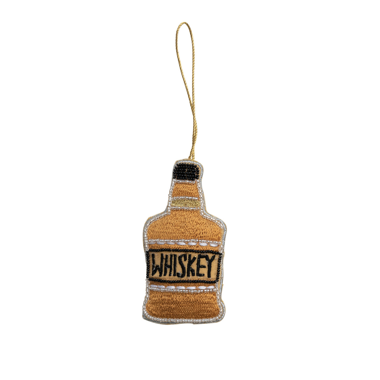 Fabric Whiskey Bottle Ornament With Embroidery & Beads