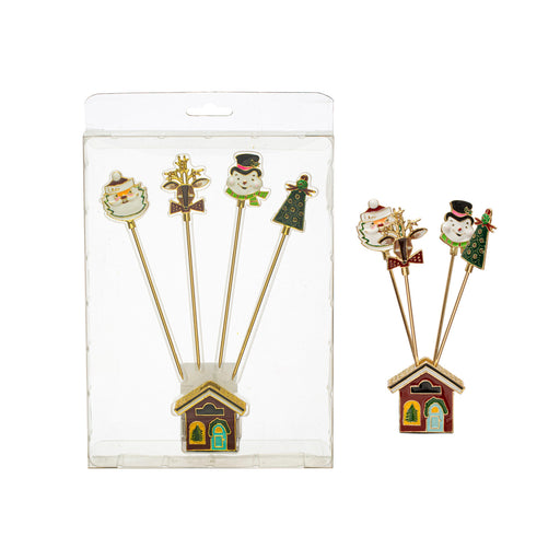 Stainless Steel Serving Picks With Christmas Icons In House Shaped Holder