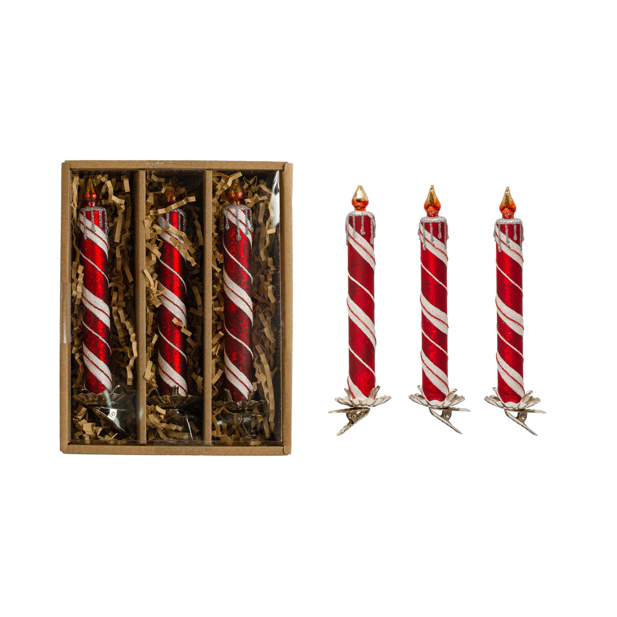 Red & White Glass Candle Clip-on Ornaments With Glitter