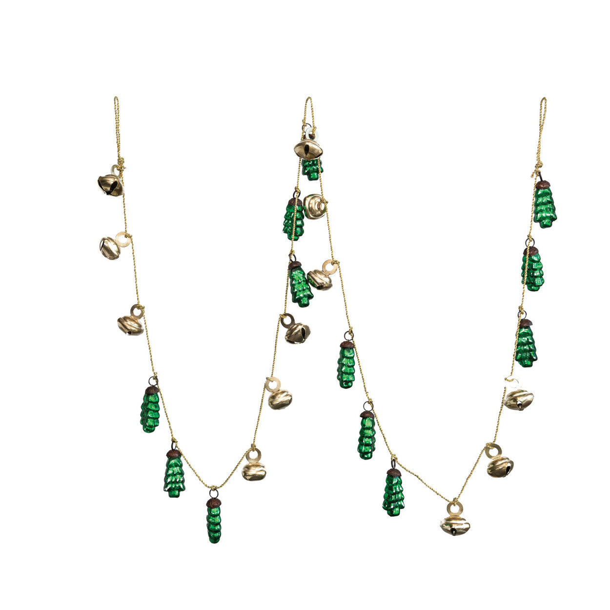 Green & Gold Mercury Glass Tree Ornament Garland With Metal Bells