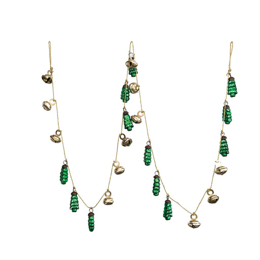 Green & Gold Mercury Glass Tree Ornament Garland With Metal Bells