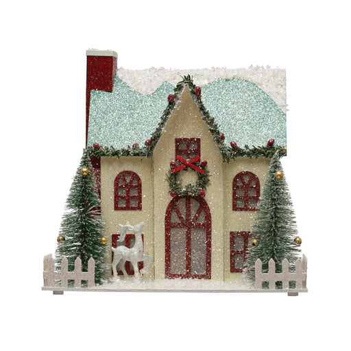 White Glittered Paper House With Trees & Deer