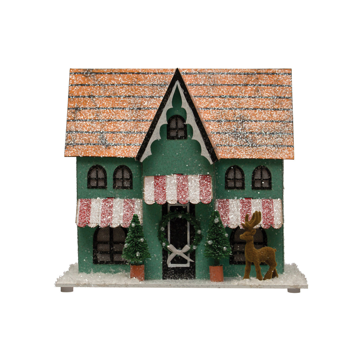 Green Glittered Paper House With Trees & Deer