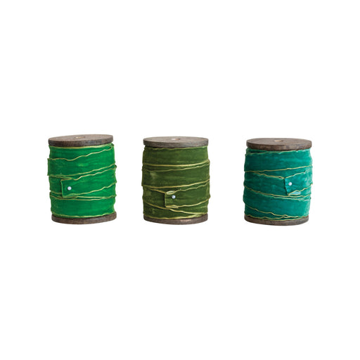 Teal Green Velvet Ribbon With Metallic Edges On Wood Spool