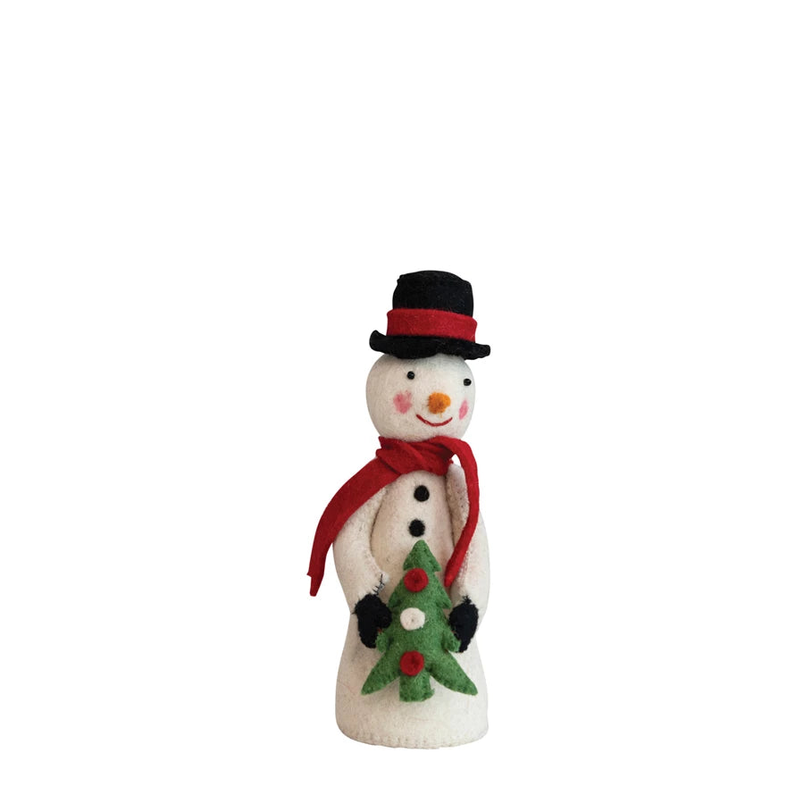 Handmade Wool Felt Snowman With Hat, Scarf, & Tree
