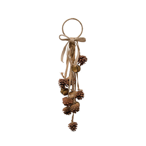 Metal Ring Door Hanger With Natural Pinecones, Jingle Bells & Jute Bow