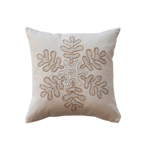 Cotton Canvas Pillow With Embroidered Snowflake & Beads