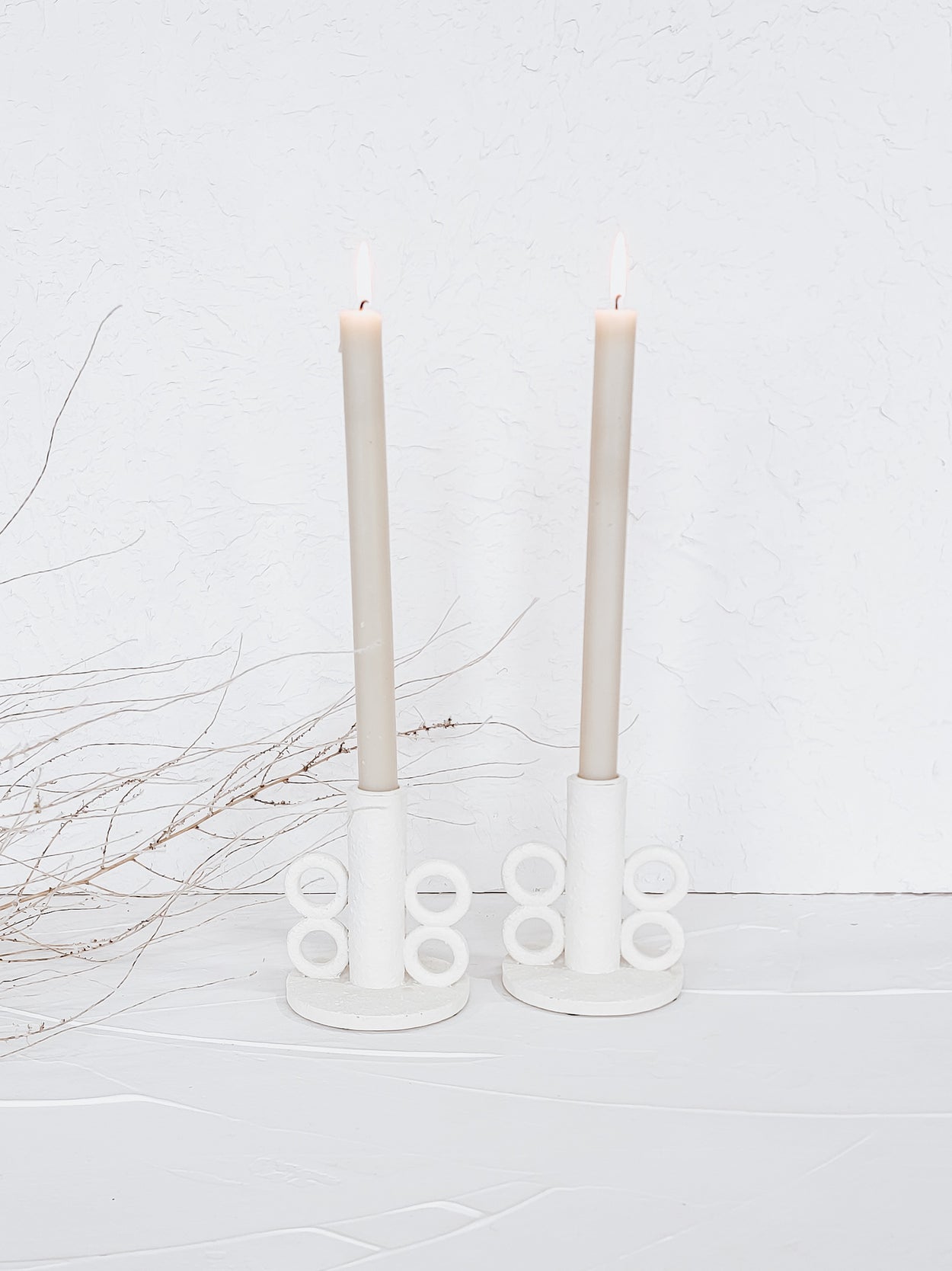 White Resin Taper Candle Holder With Handles