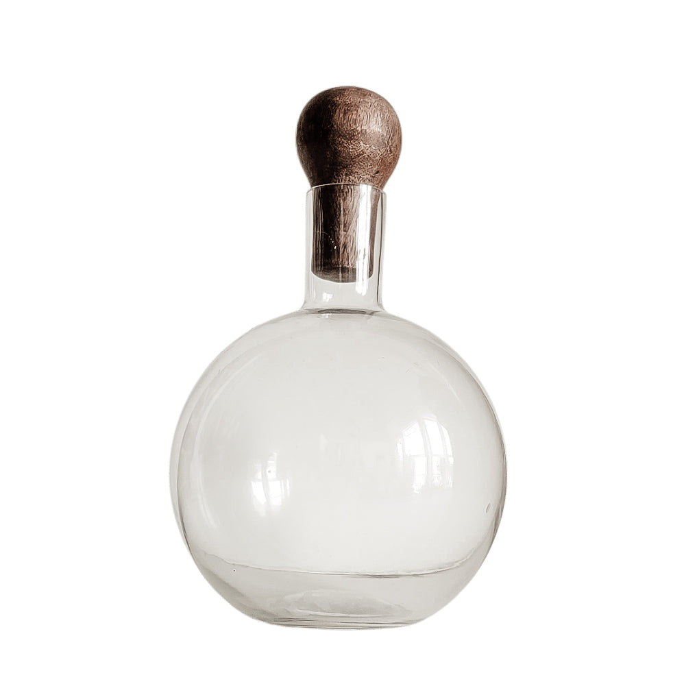 Round Glass Decanter With Wood Stopper