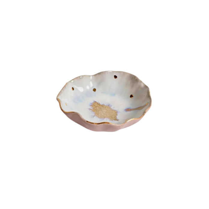 Stoneware Fluted Dish With Gold Electroplated Dots & Edge
