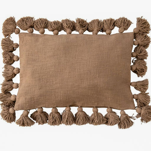 Brown Woven Cotton Slub Lumbar Pillow With Tassels