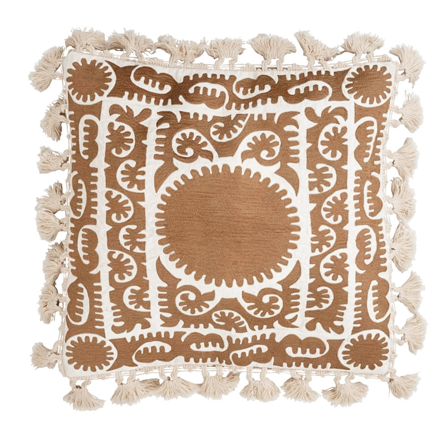 Gold & Cream Cotton Pillow With Embroidery & Tassels