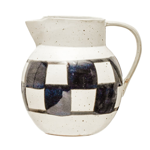 Hand-Painted Stoneware Pitcher With Check Pattern