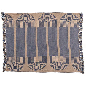 Blue & Tan Woven Recycled Cotton Blend Throw With Pattern & Fringe