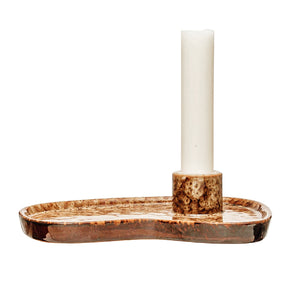Brown Reactive Glaze Stoneware Taper Holder With Tray
